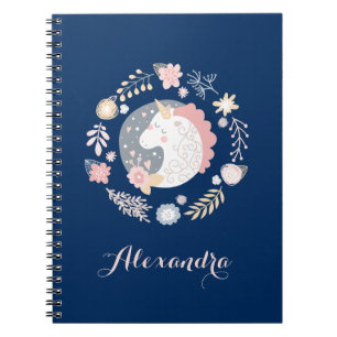 Navy Blush Whimsical Unicorn Wreath Notebook