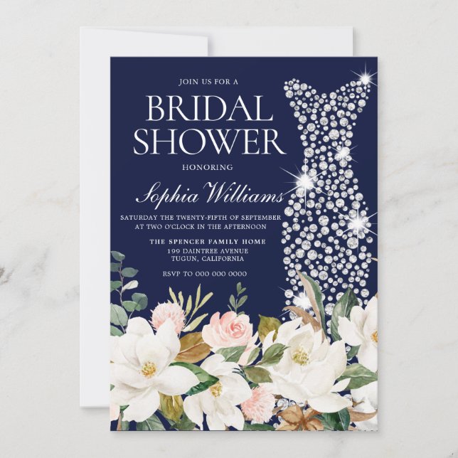 Navy Blush & White Wedding Dress Bridal Shower Invitation (Front)