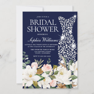 Navy Blush & White Wedding Dress Bridal Shower Invitation