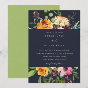 NAVY BLUSH YELLOW ORANGE FLORAL BUNCH WEDDING INVITATION