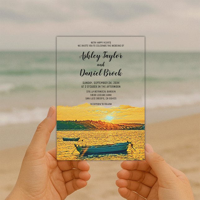 Navy Boat Romantic Sunset Beach Coastal Wedding Acrylic Invitations (Creator Uploaded)