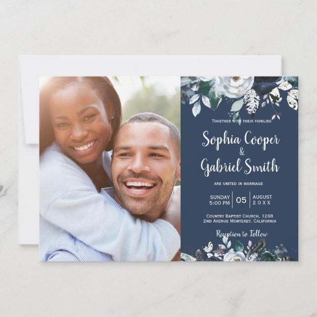 Navy Bohemian Floral Photo Wedding Invitations (Front)