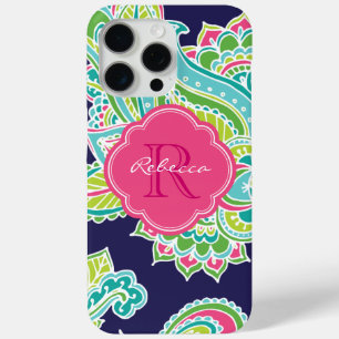 Navy Bohemian Paisley Custom Monogram iPhone 15 Pro Max Case