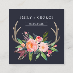 NAVY BOHO BLUSH ANTLER FLORAL WEDDING WEBSITE RSVP SQUARE BUSINESS CARD