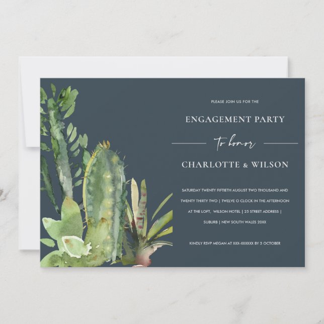 NAVY BOHO DESERT CACTI SUCCULENT FAUNA ENGAGEMENT INVITATION (Front)