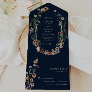 Navy Boho Floral All in One Wedding Invite