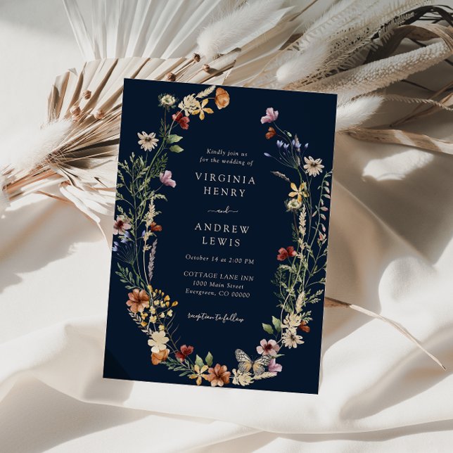 Navy Boho Floral Wedding Invitation (Navy Blue Boho Floral Wedding Invitation by Painted Paperie
)