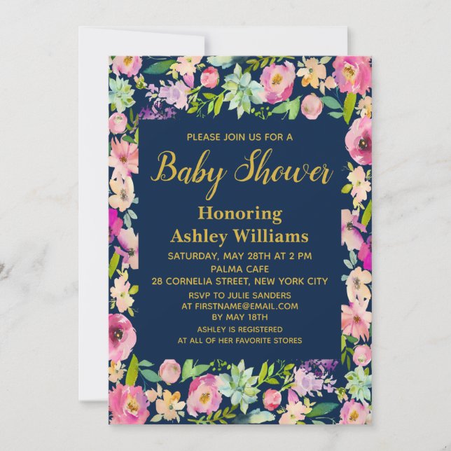 Navy Boho Flowers Floral Baby Shower Invitations (Front)