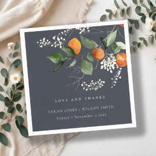 Navy Boho Orange Blossom Botanical Wedding Napkins