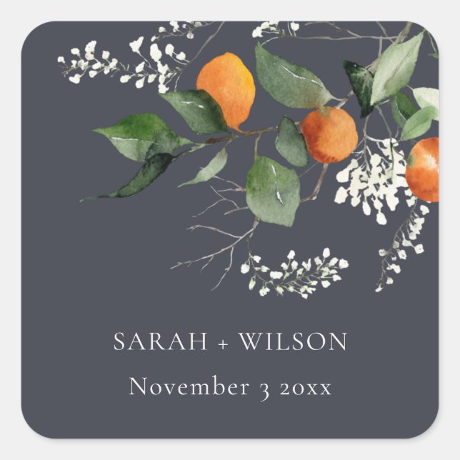 Navy Boho Orange Blossom Botanical Wedding Square Sticker (Front)