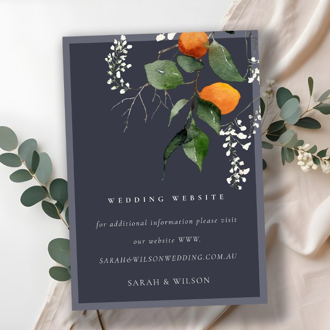 Navy Boho Orange Blossom Botanical Wedding Website Enclosure Card (Creator Uploaded)