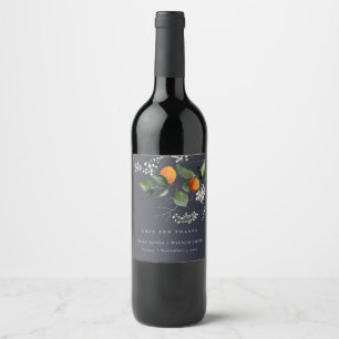 Navy Boho Orange Blossom Botanical Wedding Wine Label
