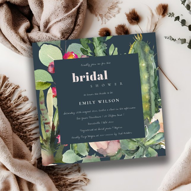 NAVY BOHO PINK FLORAL CACTI FOLIAGE BRIDAL SHOWER INVITATION (Creator Uploaded)