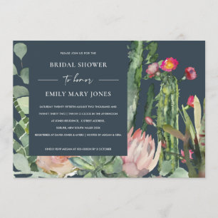 NAVY BOHO PINK FLORAL CACTUS FOLIAGE BRIDAL SHOWER INVITATION