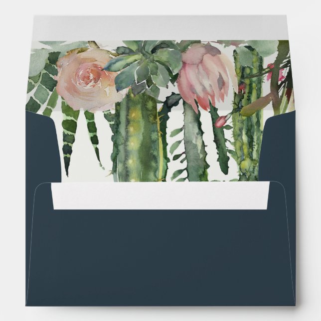 NAVY BOHO PINK FLORAL DESERT CACTI FOLIAGE ADDRESS ENVELOPE (Back (Bottom))