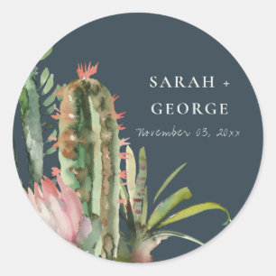 NAVY BOHO PINK FLORAL DESERT CACTI FOLIAGE WEDDING CLASSIC ROUND STICKER