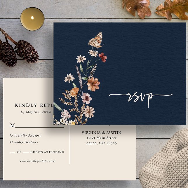 Navy Boho RSVP Wedding Postcard (Navy Wildflower Floral Boho RSVP Wedding Postcard with Butterfly by Painted Paperie
)