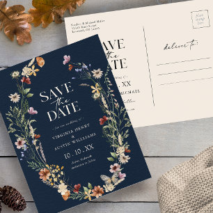 Navy Boho Save The Date Postcard