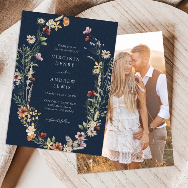 Navy Boho Wedding Invitation (Navy Blue Boho Photo Wedding Invitation by Painted Paperie
)