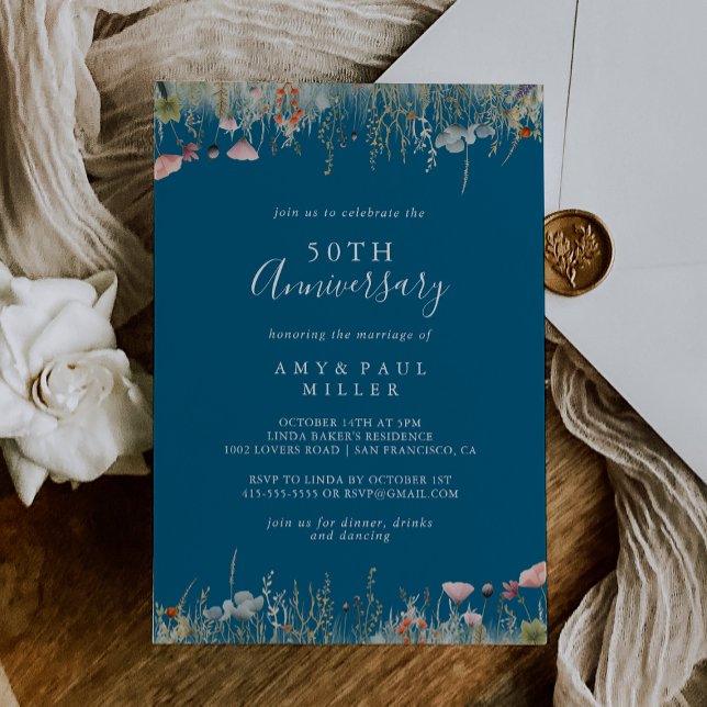 Navy Boho Wildflower 50th Wedding Anniversary Invitation (Creator Uploaded)