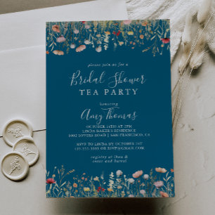 Navy Boho Wildflower Bridal Shower Tea Party Invitation