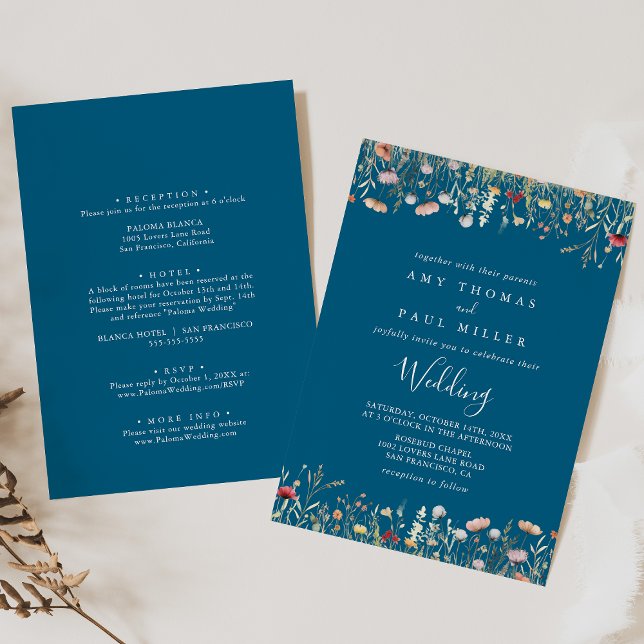 Navy Boho Wildflower Front & Back Wedding  Invitation (Creator Uploaded)