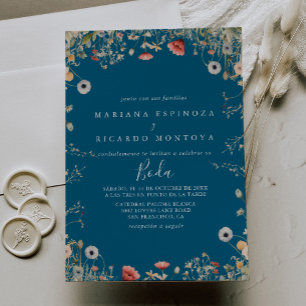 Navy Boho Wildflower Spanish Wedding Invitation