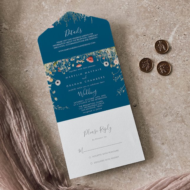 Navy Boho Wildflower Wedding     All In One Invitation (Creator Uploaded)