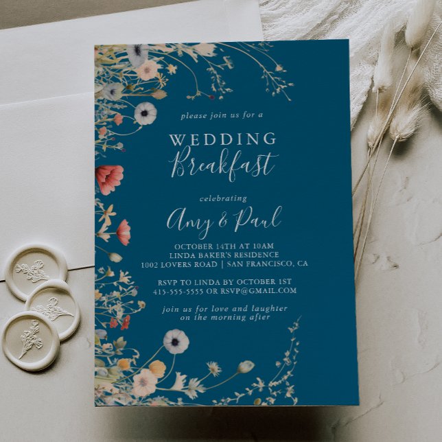 Navy Boho Wildflower Wedding Breakfast Invitation (Creator Uploaded)