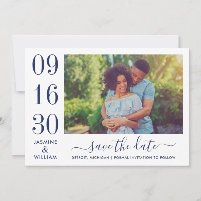 Navy Bold Date Numeral Photo Wedding Save The Date (Front)