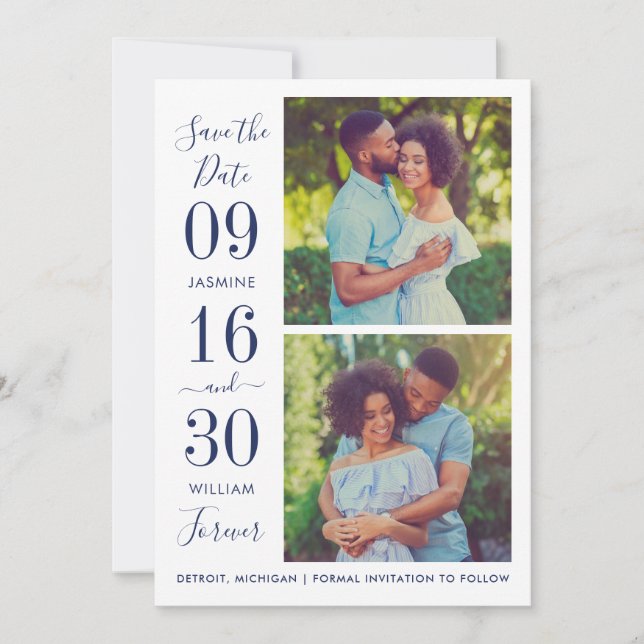 Navy Bold Date Two Photo Forever Wedding Save The Date (Front)