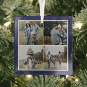 Navy Border 4 Photos Make Your Own Collage Glass Tree Decoration