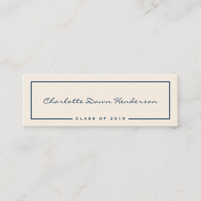 Navy border ecru graduation announcement name card (Front)