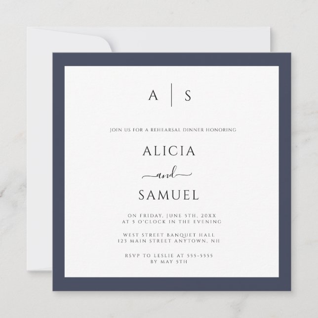 Navy Border Monogram Rehearsal Dinner Invitations (Front)