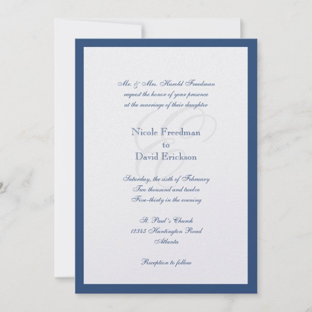 Navy border shimmer traditional monogram wedding invitation (Front)