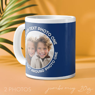 Navy Border with 2 Photos - Text around a Circle Large Coffee Mug