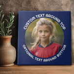 Navy Border with Photo and Text around a Circle Ceramic Tile<br><div class="desc">Add one picture to this minimal design. A modern minimal font surrounds the photo with a place to upload 1 square photo.</div>