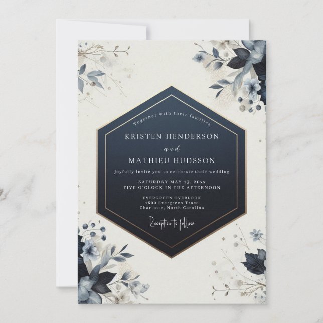 Navy Botanical Bloom Wedding Invitation (Front)