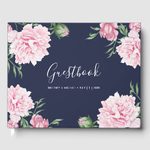 Navy Botanical Floral Pink Peony Elegant Wedding Guest Book