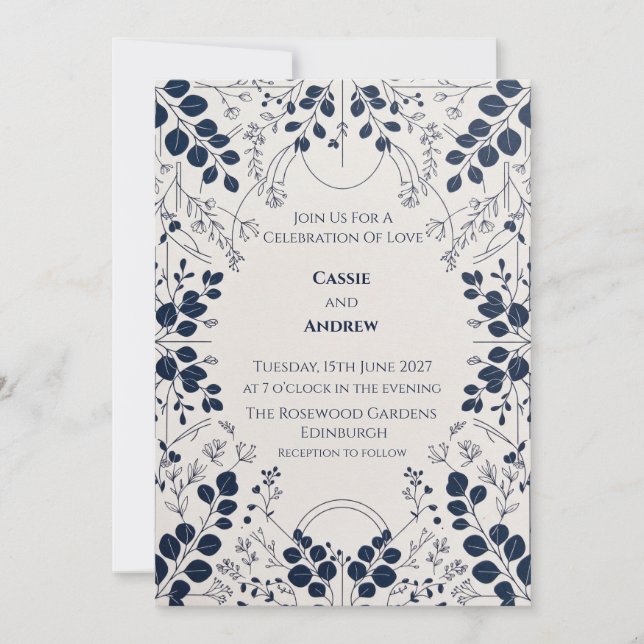 Navy Botanical Line Art Wedding Invitation (Front)