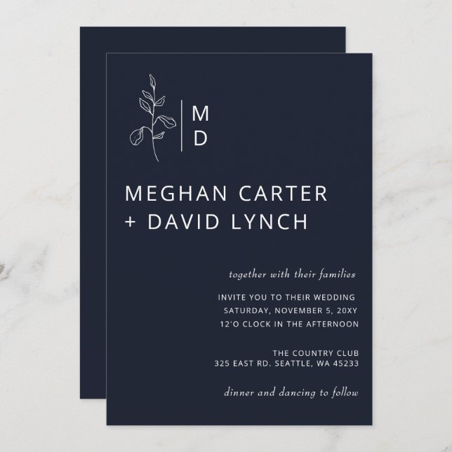 Navy Botanical Monogram Wedding Invitation (Front/Back)