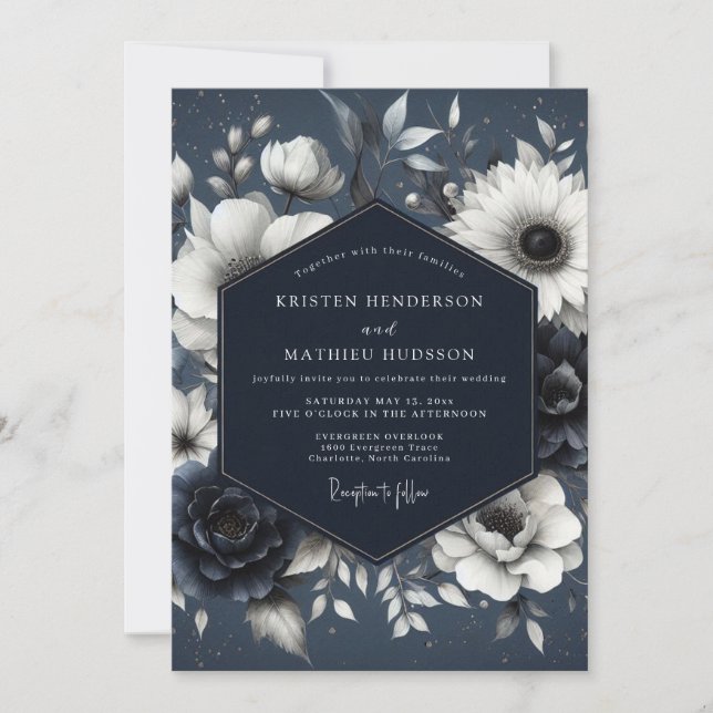 Navy Botanical Whimsy Wedding Invitation (Front)