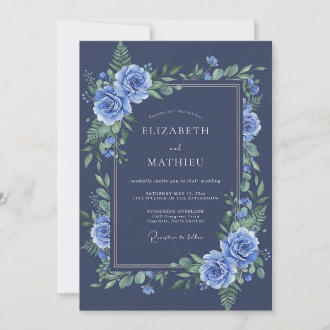 Navy Botanical Winter Wedding Invitation (Front)