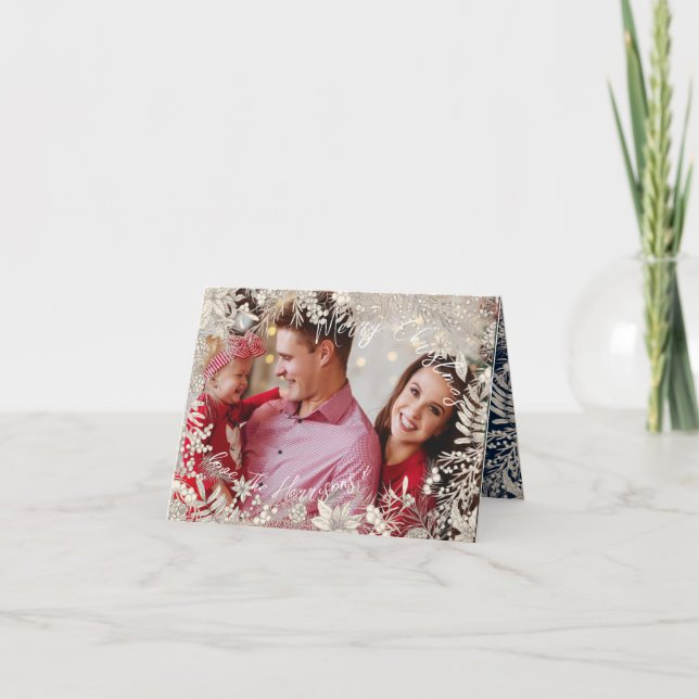 Navy Botanicals Floral 1 photo Arch Christmas Holiday Card (Front)