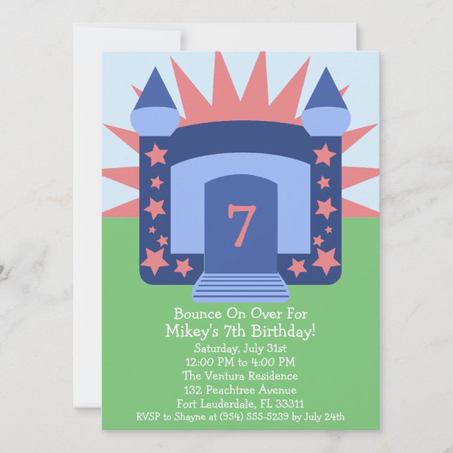 Navy Bounce On Over Bounce House Birthday Party Invitation (Front)