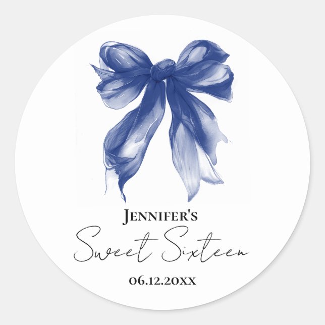 Navy Bow Coquette Script Sweet 16 Party  Classic Round Sticker (Front)