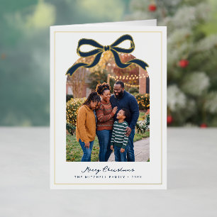 Navy Bow Design Merry Christmas Family Photo Foil Holiday Card