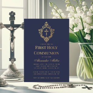 Navy Boy First Communion Faux Gold Cross in Crest Invitation