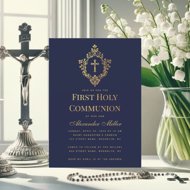 Navy Boy First Communion Faux Gold Cross in Crest  Invitation (Creator Uploaded)