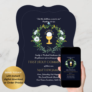 Navy BOYS First Holy Communion Invitations